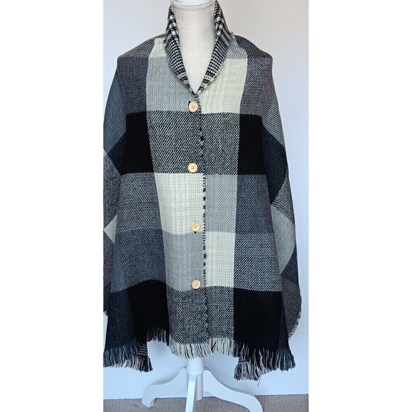 Demdaco Soft Black Gray Cream Plaid Scarf w/Buttons - Picture 1 of 9
